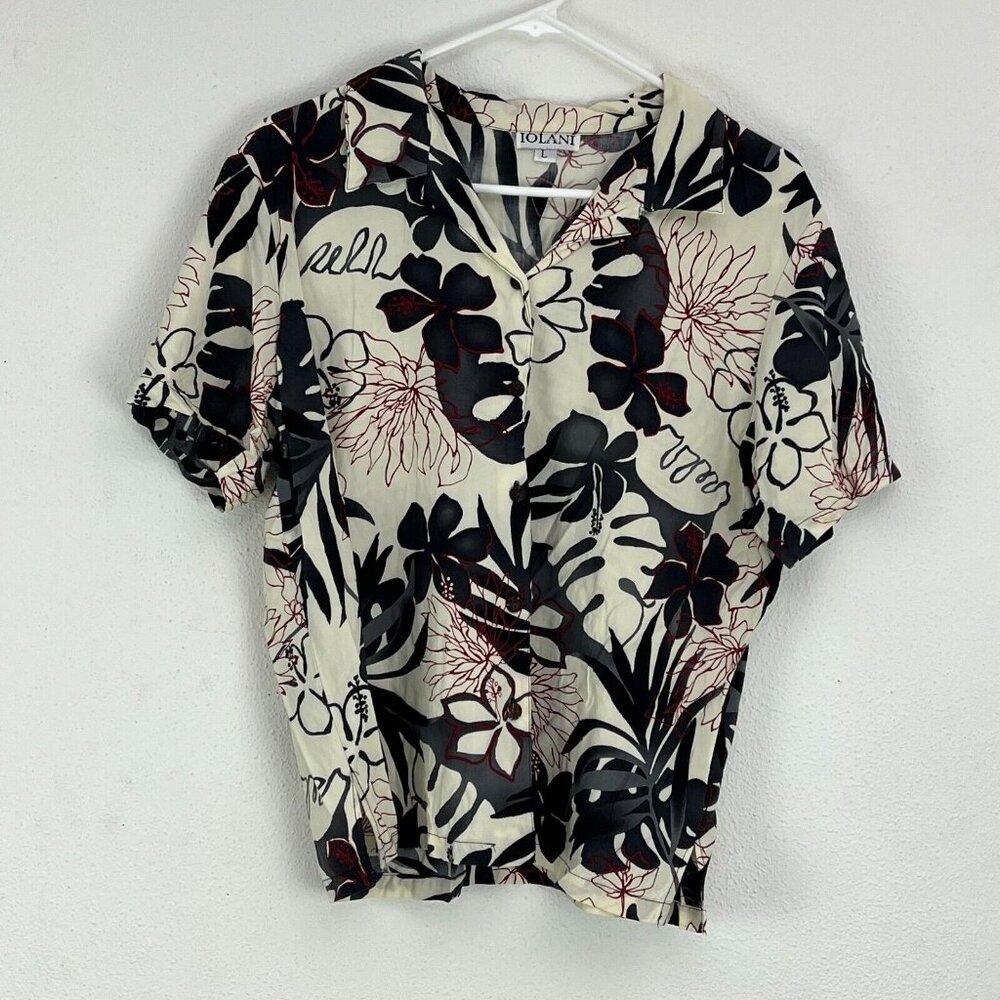 IOLANI Womens Leaf Floral Hawaiian Shirt Top Size Large Button Up Short Sleeve
